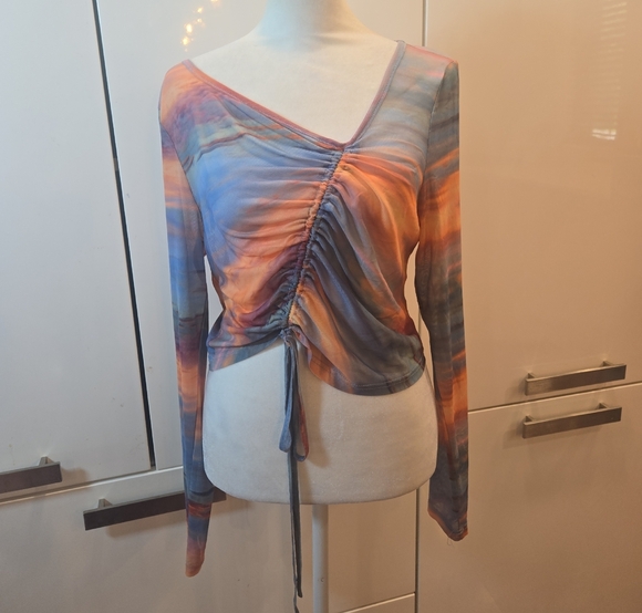 Sunset In The Sky Mesh Multicolor Ruched V-Neck Cropped Women's Top Size XL - Picture 2 of 9